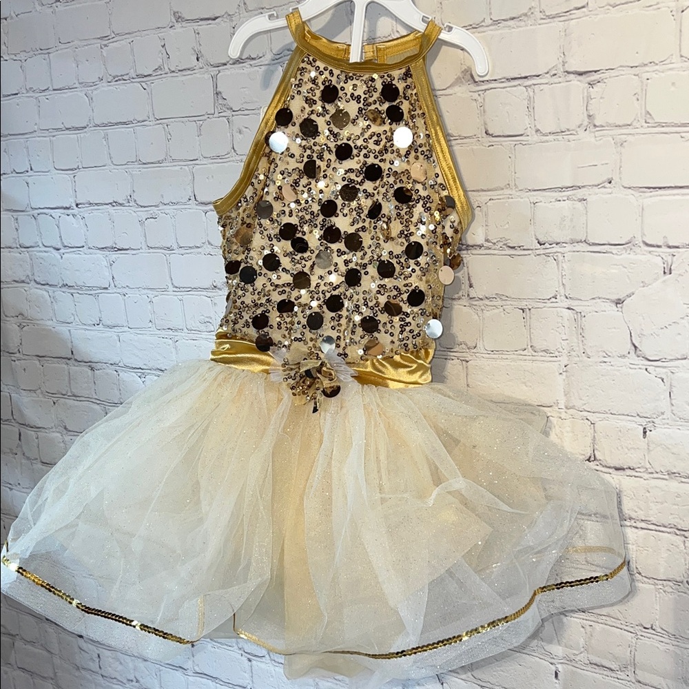 Gold and Tan Kids Sequined Halter Costume Dress. Halloween or Party Dress